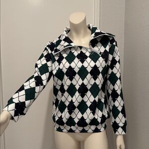 Women's Green Argyle Zip-Neck Pullover Top